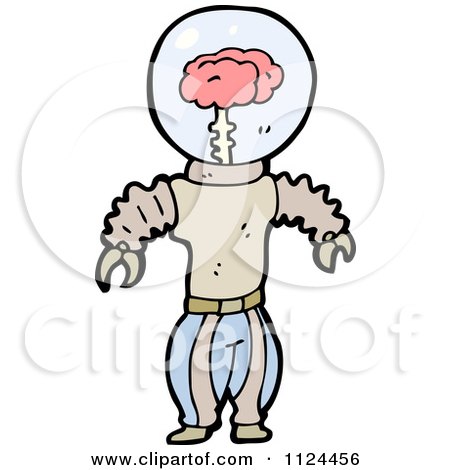 Fantasy Cartoon Of A Robot With A Floating Brain - Royalty Free Vector Clipart by lineartestpilot