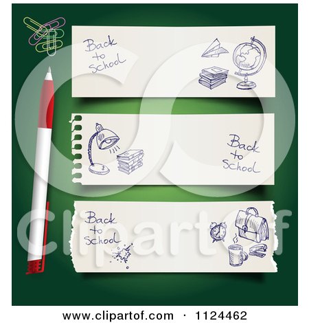 Clipart Of A Pen And Paperclips On Green With Sketched School Website Banners - Royalty Free Vector Illustration by Eugene