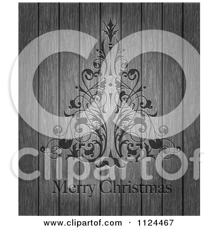 Clipart Of An Ornate Floral Tree And Merry Christmas Text On Wood - Royalty Free Vector Illustration by Eugene