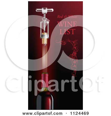 Clipart Of A Corkscrew And Shooting Cork Over A Red Wine Bottle With Text - Royalty Free Vector Illustration by Eugene