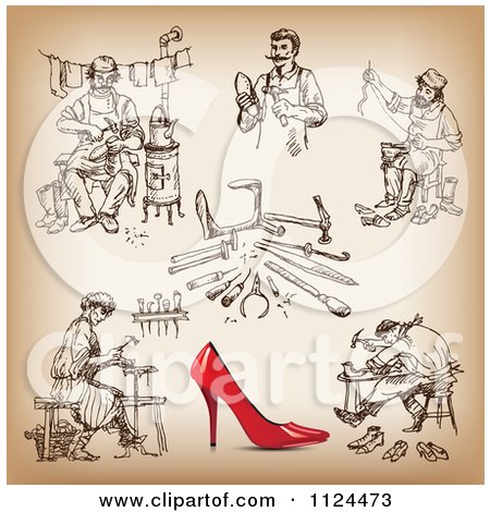 Clipart Of A Red High Heel And Shoe Maker Sketches - Royalty Free Vector Illustration by Eugene