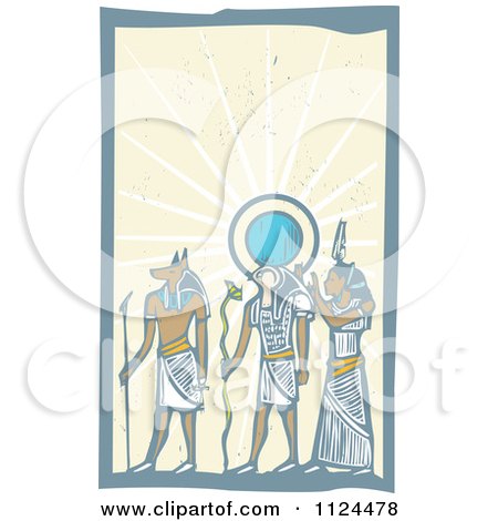 Clipart Of Woodcut Anubis Gods And Rays - Royalty Free Vector Illustration by xunantunich