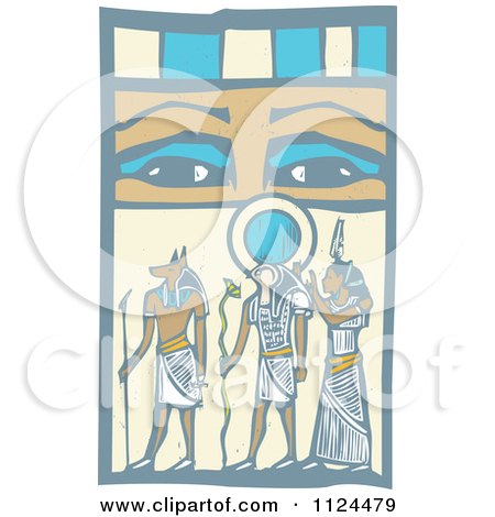 Clipart Of Woodcut Anubis Gods And Eyes - Royalty Free Vector Illustration by xunantunich