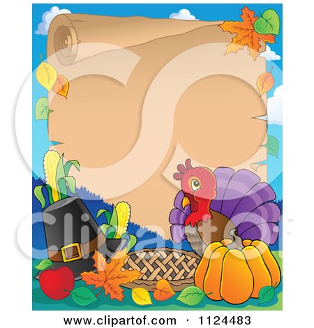 Cartoon Of A Cute Thanksgiving Turkey Bird And Parchment Page With Holiday Items - Royalty Free Vector Clipart by visekart
