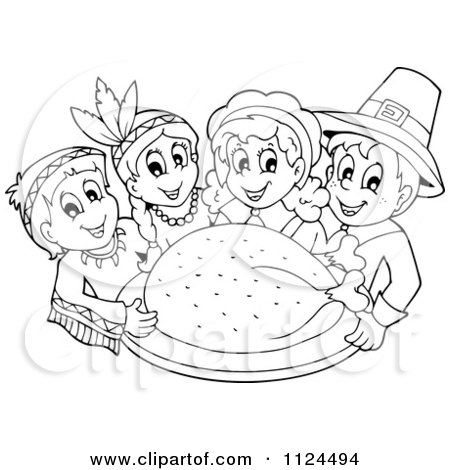 Cartoon Of An Outlined Thanksgiving Turkey With Pilgrims And Indians - Royalty Free Vector Clipart by visekart