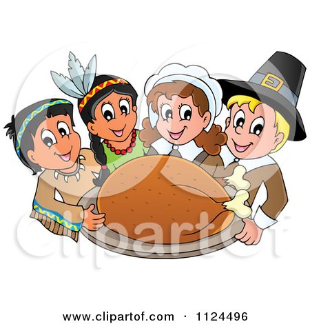 Cartoon Of Happy Pilgrims And Indians Holding A Thanksgiving Roasted Turkey - Royalty Free Vector Clipart by visekart