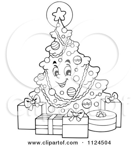 Cartoon Of An Outlined Happy Christmas Tree With Gifts - Royalty Free Vector Clipart by visekart