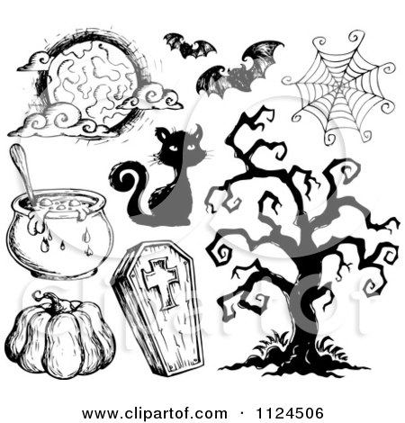 Clipart Of Sketched Black And White Halloween Items 2 - Royalty Free Vector Illustration by visekart