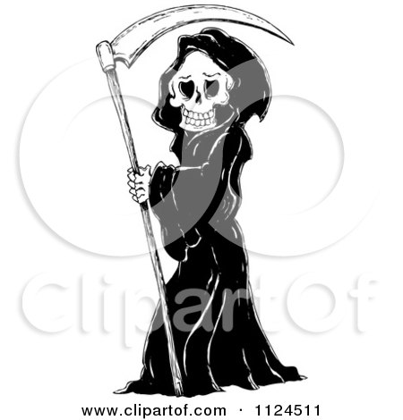Clipart Of A Sketched Black And White Grim Reaper Holding A Scythe - Royalty Free Vector Illustration by visekart