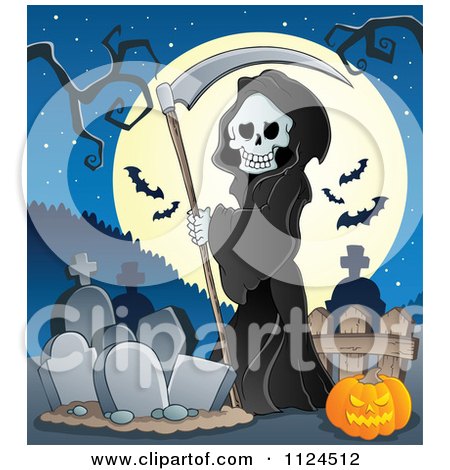 Cartoon Of A Watching Hooded Grim Reaper With A Scythe In A Cemetery Against A Full Moon - Royalty Free Vector Clipart by visekart