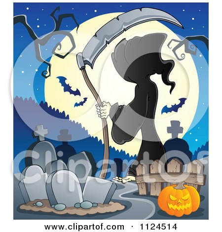 Cartoon Of A Hooded Grim Reaper With A Scythe In A Cemetery Against A Full Moon - Royalty Free Vector Clipart by visekart