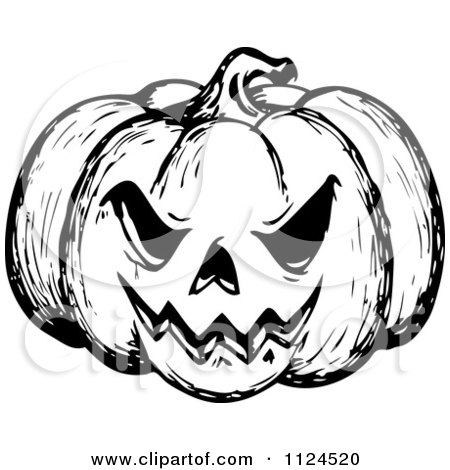 Clipart Of A Sketched Black And White Evil Halloween Jackolantern Pumpkin - Royalty Free Vector Illustration by visekart