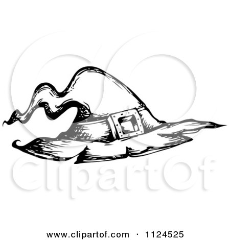 Clipart Of A Sketched Black And White Halloween Witch Hat - Royalty Free Vector Illustration by visekart