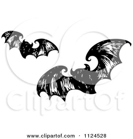 Clipart Of Sketched Black And White Flying Halloween Bats 2 - Royalty Free Vector Illustration by visekart