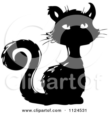 Clipart Of A Sketched Black And White Black Halloween Cat - Royalty Free Vector Illustration by visekart