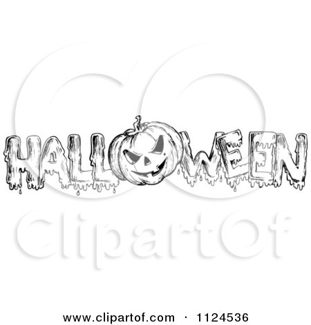 Clipart Of A Sketched Black And White Jackolantern Pumpkin In The Word HALLOWEEN - Royalty Free Vector Illustration by visekart