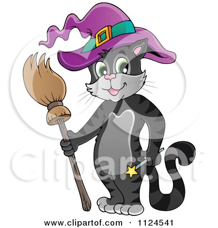Cartoon Of A Black Halloween Witch Cat With A Broom Wand And Hat - Royalty Free Vector Clipart by visekart