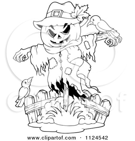 Cartoon Of An Outlined Halloween Scarecrow With Birds - Royalty Free Vector Clipart by visekart