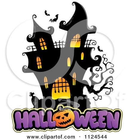 Cartoon Of A Lit Haunted Mansion With Halloween Text - Royalty Free Vector Clipart by visekart
