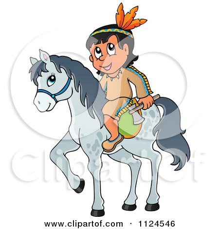 Cartoon Of A Native American Indian With A Hatchet On A Horse - Royalty Free Vector Clipart by visekart