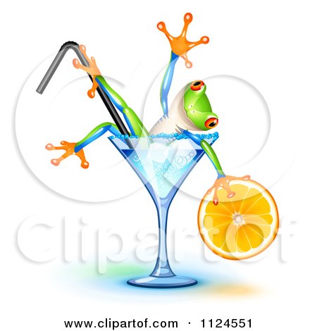 Clipart Of A Happy Frog Holding An Orange Wedge And Soaking In A Blue Lagoon Cocktail Glass - Royalty Free Vector Illustration by Oligo
