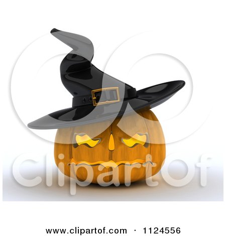 Clipart Of A 3d Illuminated Halloween Jackolantern Pumpkin Wearing A Witch Hat - Royalty Free CGI Illustration by KJ Pargeter