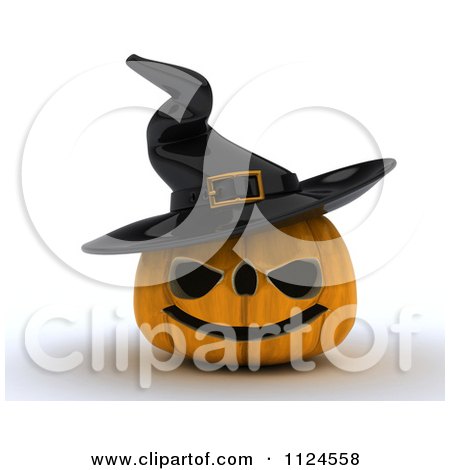 Clipart Of A 3d Halloween Jackolantern Pumpkin Wearing A Witch Hat - Royalty Free CGI Illustration by KJ Pargeter