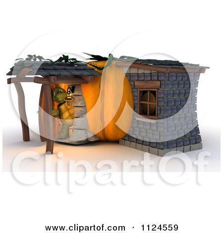 Clipart Of A 3d Tortoise In A Pumpkin Cottage House - Royalty Free CGI Illustration by KJ Pargeter