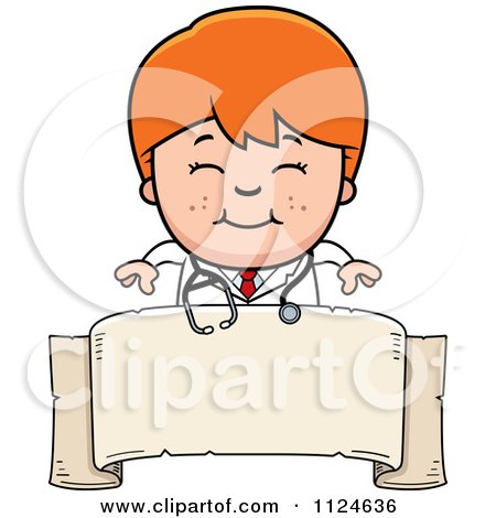 Cartoon Of A Happy Red Haired Doctor Or Veterinarian Boy Over A Banner Sign - Royalty Free Vector Clipart by Cory Thoman