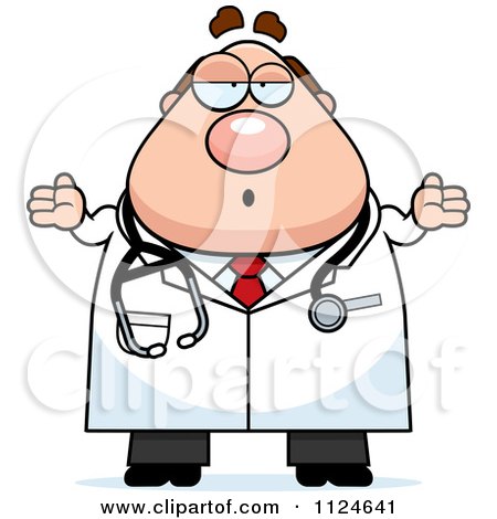 Cartoon Of A Careless Shrugging Chubby Male Doctor Or Veterinarian - Royalty Free Vector Clipart by Cory Thoman