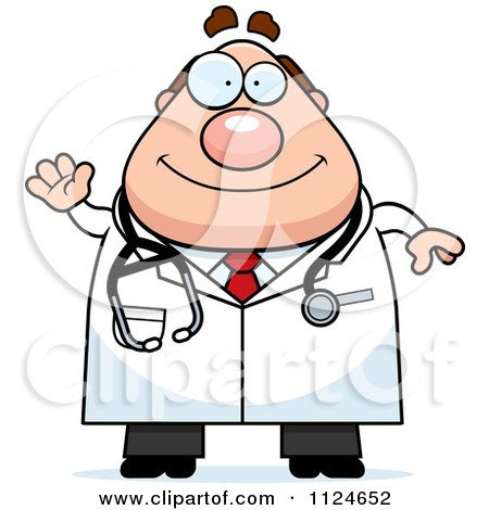 Cartoon Of A Waving Happy Chubby Male Doctor Or Veterinarian - Royalty Free Vector Clipart by Cory Thoman