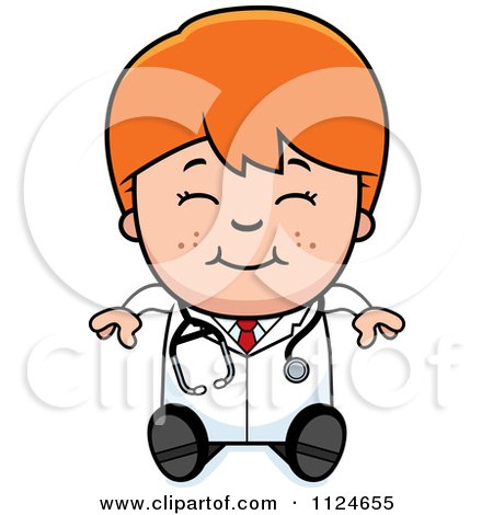 Cartoon Of A Happy Red Haired Doctor Or Veterinarian Boy Sitting - Royalty Free Vector Clipart by Cory Thoman