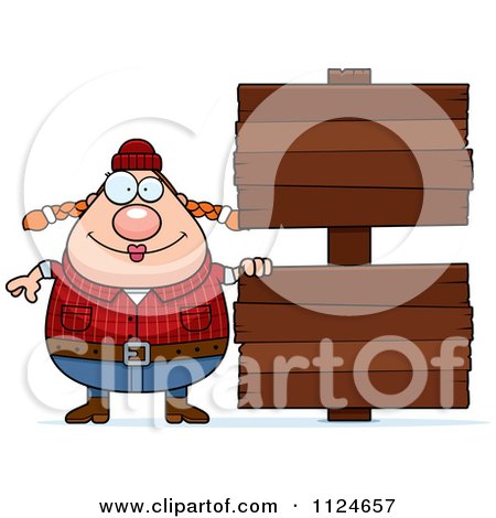 Cartoon Of A Happy Chubby Female Lumberjack With A Wood Sign - Royalty Free Vector Clipart by Cory Thoman