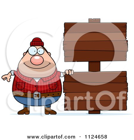 Cartoon Of A Happy Chubby Male Lumberjack With A Wood Sign - Royalty Free Vector Clipart by Cory Thoman
