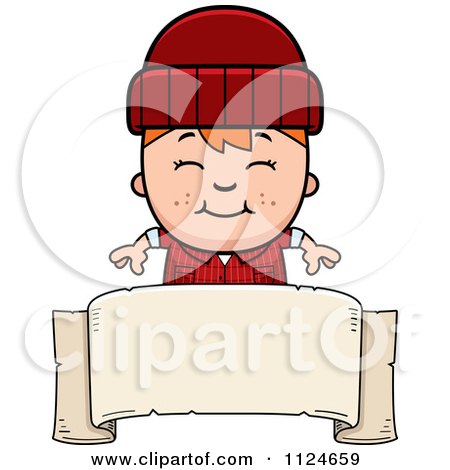 Cartoon Of A Happy Red Haired Lumberjack Boy Over A Banner Sign - Royalty Free Vector Clipart by Cory Thoman