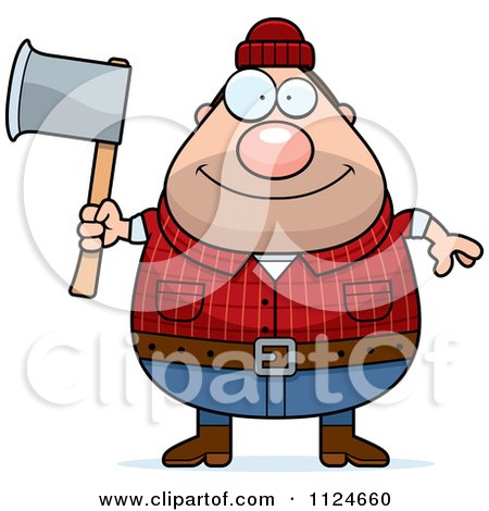 Cartoon Of A Happy Chubby Male Lumberjack Holding An Axe - Royalty Free Vector Clipart by Cory Thoman
