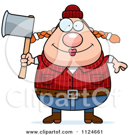 Cartoon Of A Happy Chubby Female Lumberjack Holding An Axe - Royalty Free Vector Clipart by Cory Thoman