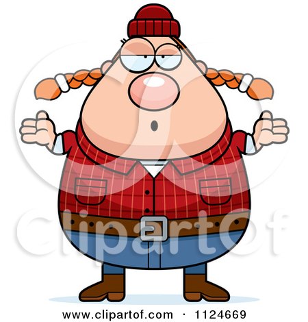 Cartoon Of A Careless Shrugging Chubby Female Lumberjack - Royalty Free Vector Clipart by Cory Thoman