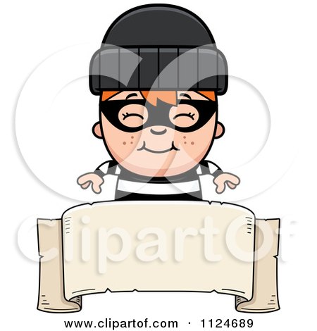 Cartoon Of A Happy Red Haired Robber Boy Over A Banner Sign - Royalty Free Vector Clipart by Cory Thoman