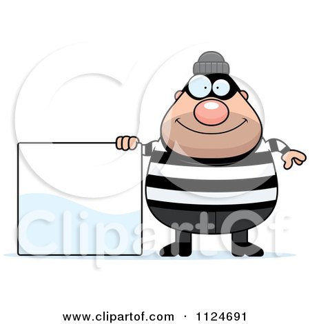Cartoon Of A Happy Chubby Burglar Or Robber Man With A Sign - Royalty Free Vector Clipart by Cory Thoman