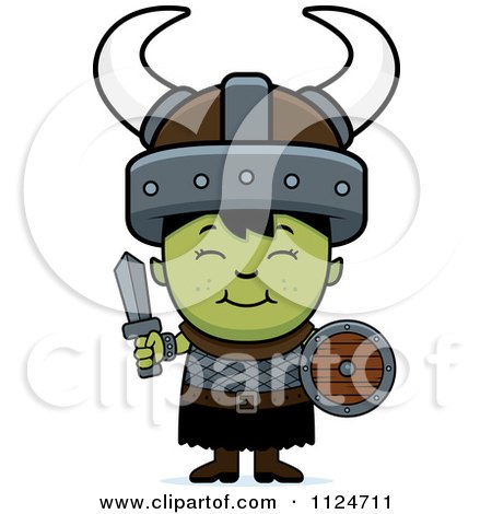 Cartoon Of A Happy Ogre Boy With A Sword And Shield - Royalty Free Vector Clipart by Cory Thoman