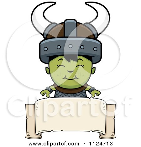 Cartoon Of A Happy Ogre Boy Over A Banner Sign - Royalty Free Vector Clipart by Cory Thoman