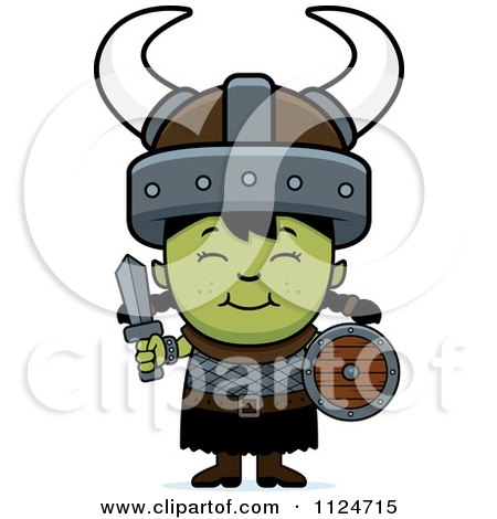 Cartoon Of A Happy Ogre Girl With A Sword And Shield - Royalty Free Vector Clipart by Cory Thoman