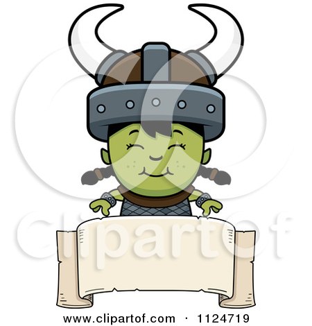 Cartoon Of A Happy Ogre Girl Over A Banner Sign - Royalty Free Vector Clipart by Cory Thoman