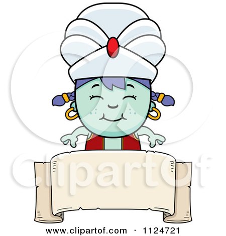 Cartoon Of A Happy Genie Girl Over A Banner Sign - Royalty Free Vector Clipart by Cory Thoman
