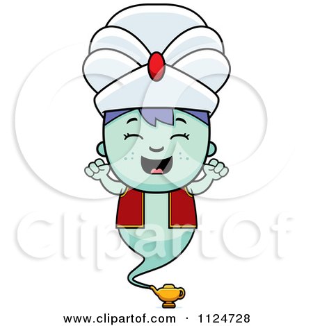 Cartoon Of A Happy Genie Boy Cheering - Royalty Free Vector Clipart by Cory Thoman