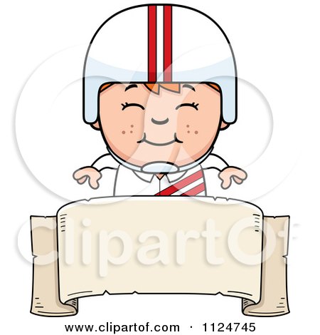 Cartoon Of A Happy Red Haired Daredevil Stunt Boy Over A Banner Sign - Royalty Free Vector Clipart by Cory Thoman