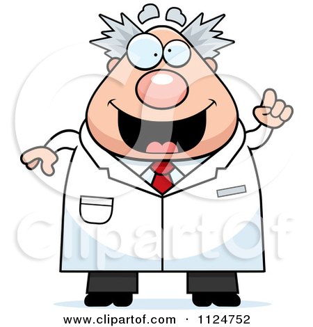 Cartoon Of A Happy Chubby Male Scientist With An Idea - Royalty Free Vector Clipart by Cory Thoman