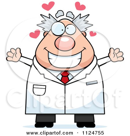 Cartoon Of A Happy Chubby Male Scientist Wanting A Hug - Royalty Free Vector Clipart by Cory Thoman