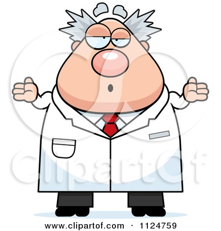 Cartoon Of A Careless Shrugging Chubby Male Scientist - Royalty Free Vector Clipart by Cory Thoman